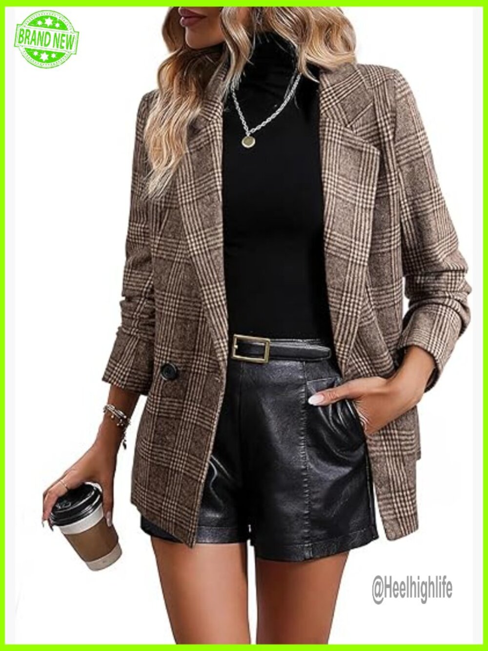 Plaid Blazer Double Breasted Lapel Collar Work Suit Jacket with Pockets